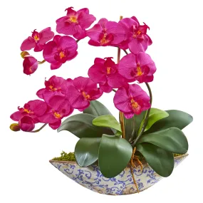 16" Artificial Phalaenopsis Orchid Arrangement in Vase, Low Maintenance, Life-Like & Vibrant Silk Flowers For Busy People .