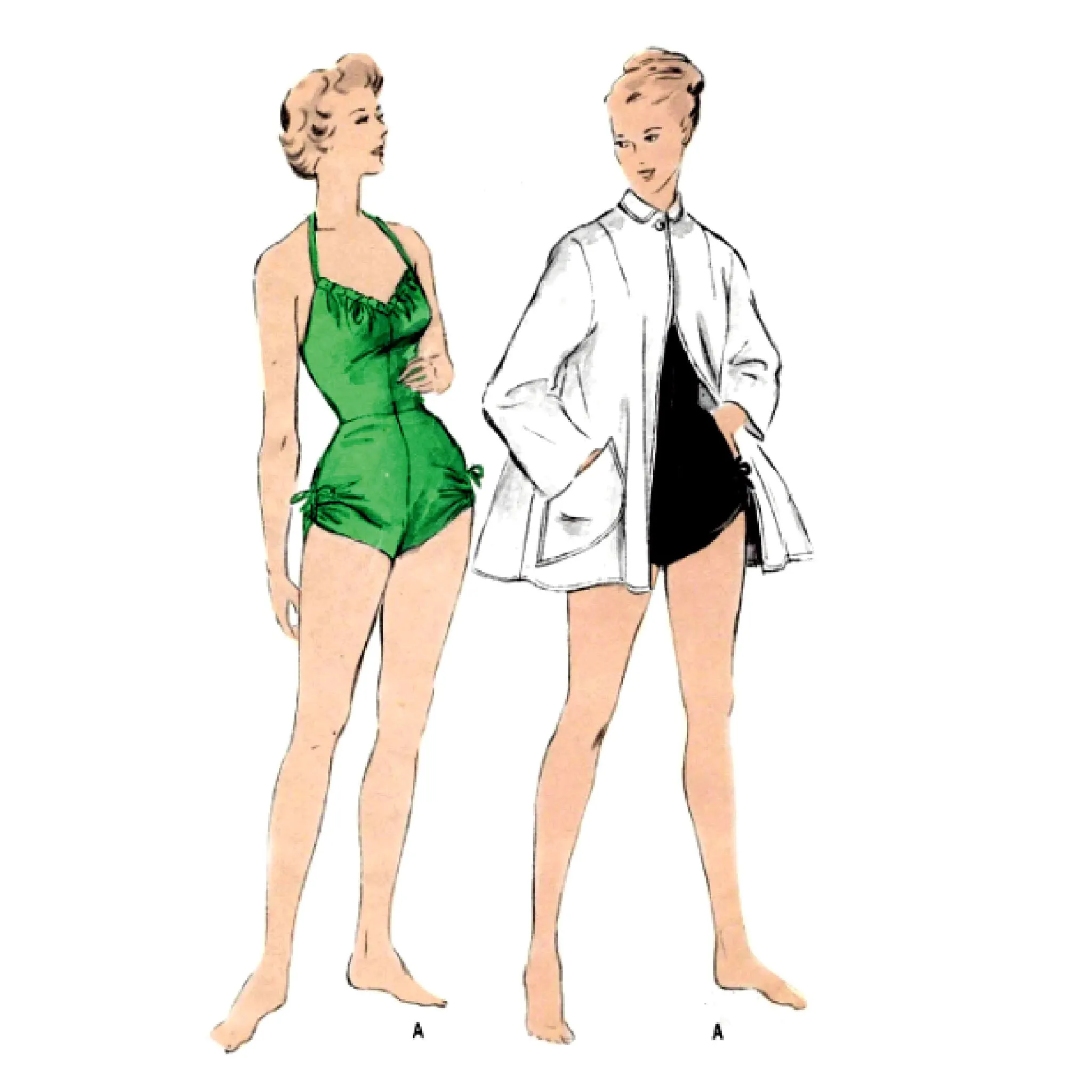 1940s Pattern, Women's Bathing Suit & Beachwear Coat, Bombshell - Bust 34” (86cm)