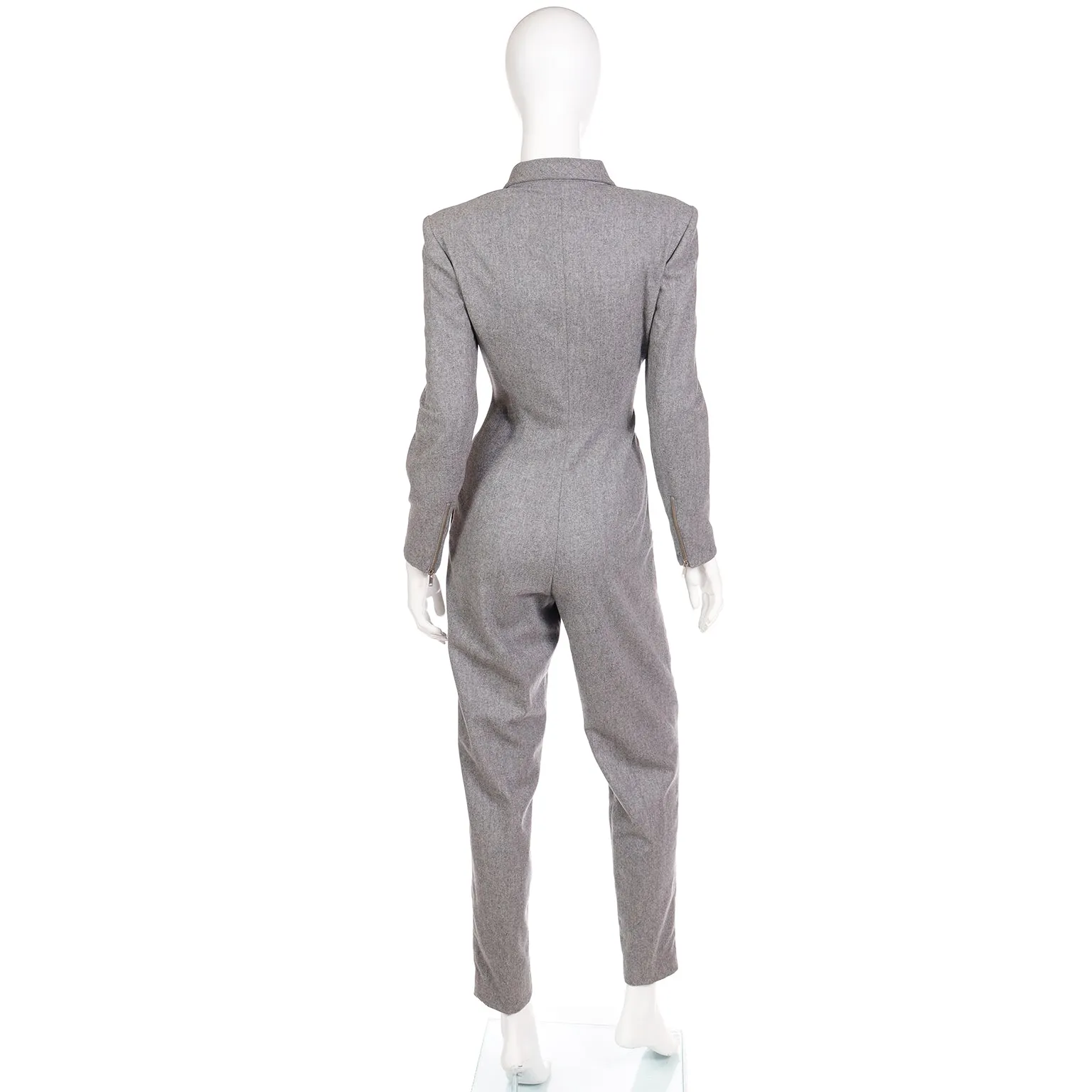 1980s Claude Montana Grey Wool One Piece Jumpsuit W Zipper Detail