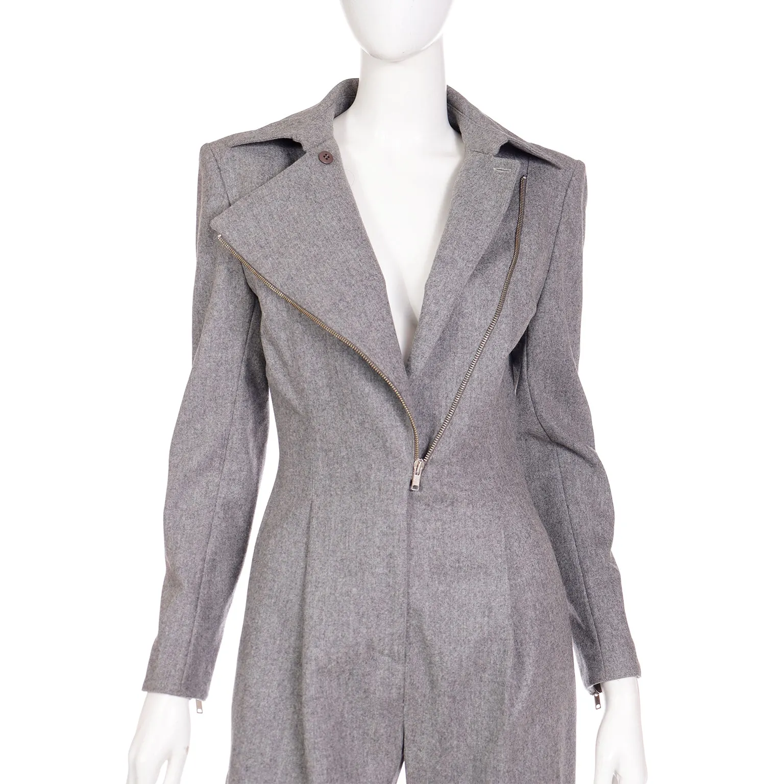 1980s Claude Montana Grey Wool One Piece Jumpsuit W Zipper Detail