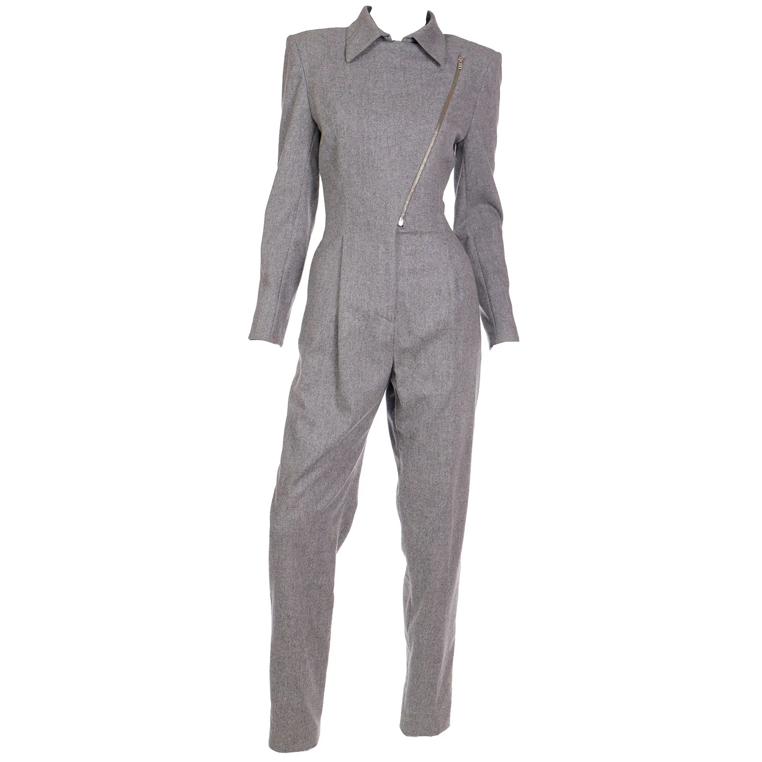 1980s Claude Montana Grey Wool One Piece Jumpsuit W Zipper Detail