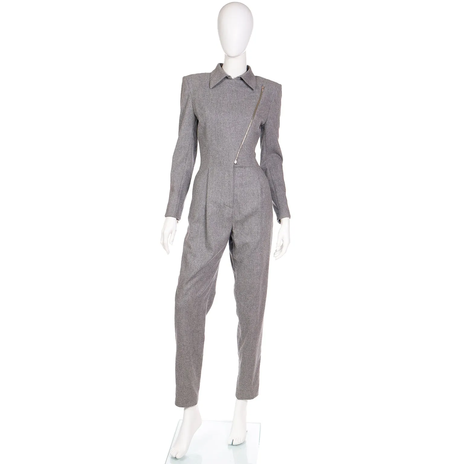 1980s Claude Montana Grey Wool One Piece Jumpsuit W Zipper Detail