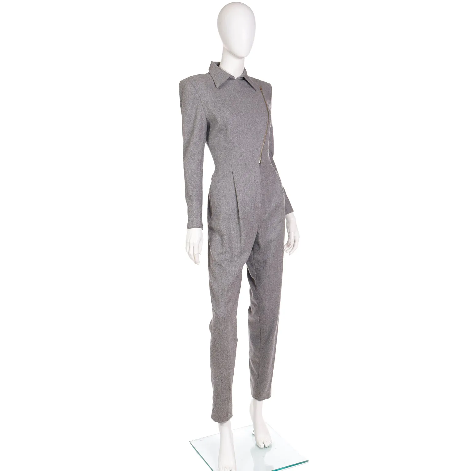 1980s Claude Montana Grey Wool One Piece Jumpsuit W Zipper Detail