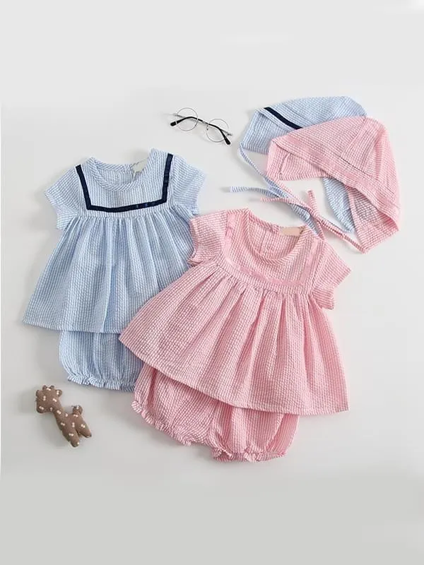 3-Piece Striped Set Top   Shorts   Hat Cotton Short-Sleeve Bloomers