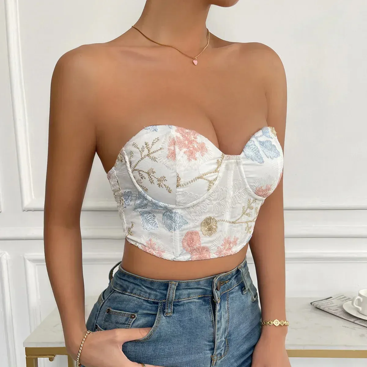 Advbridge-Summer Woman Clothes Sleeveless Corset Crop Tops Sexy Halter Bustier Tank Top with Underwire Slim Camis Strap Removable Two Ways