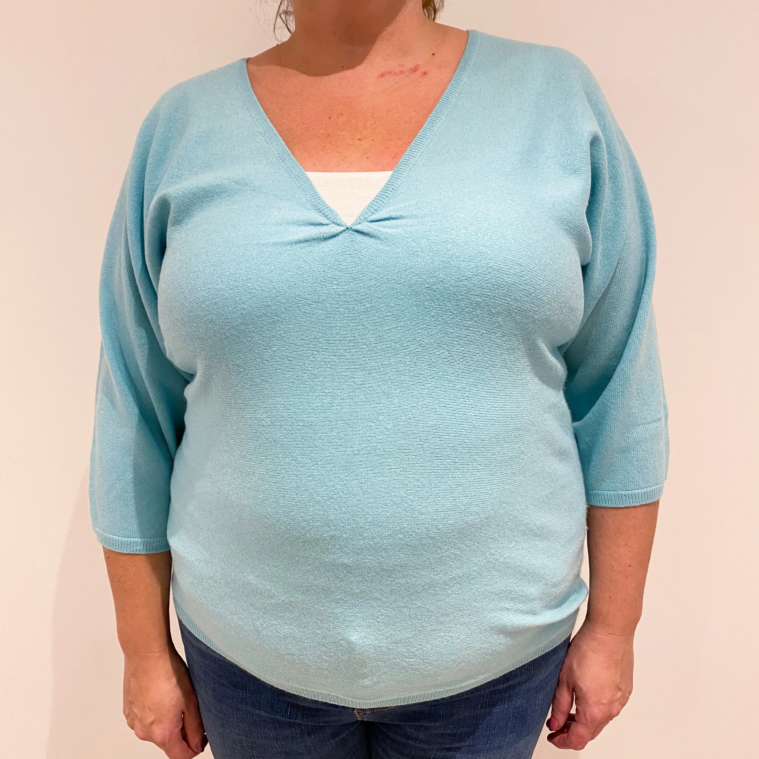 Aqua Blue 3/4 Sleeved Cashmere V-Neck Jumper Extra Large