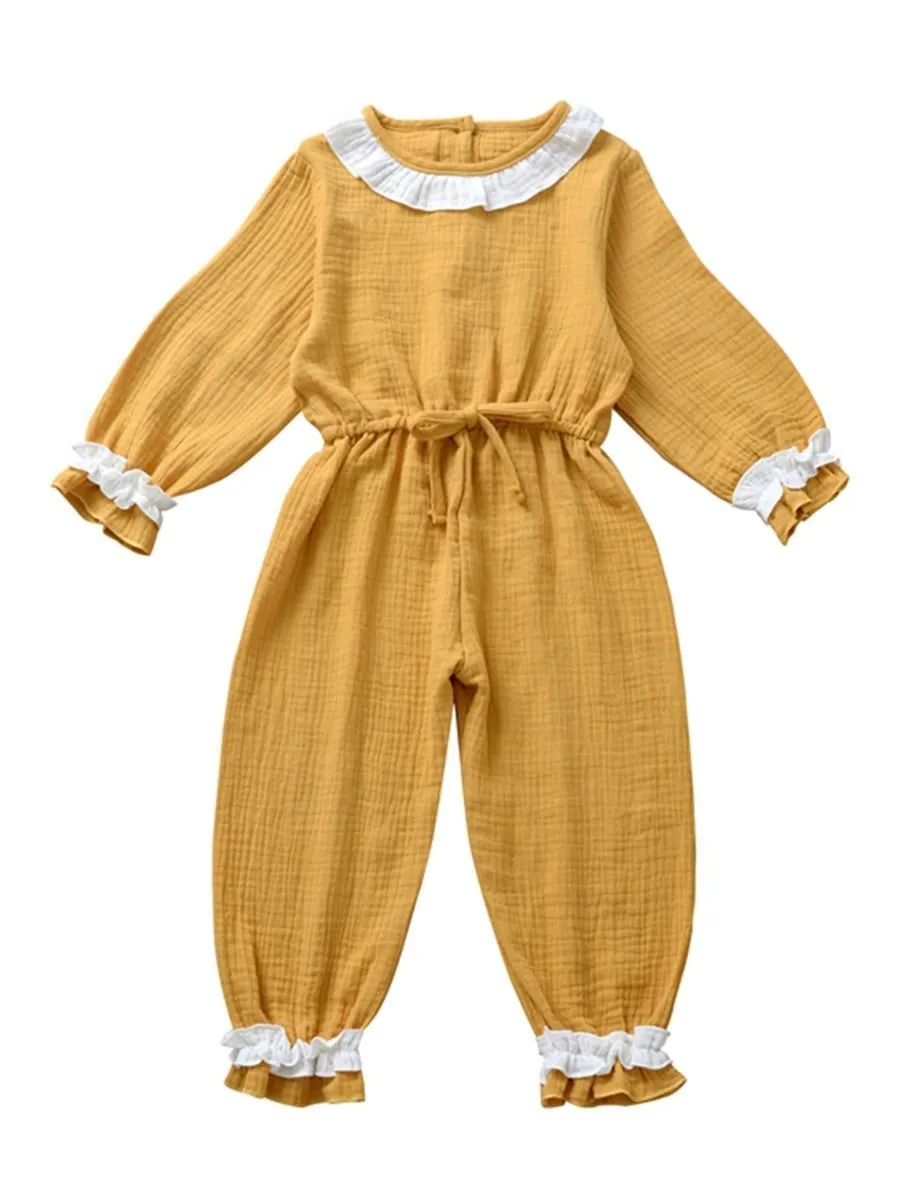 Autumn Multi-colored Ruffled Tie-waist Muslin Baby Girls Jumpsuit