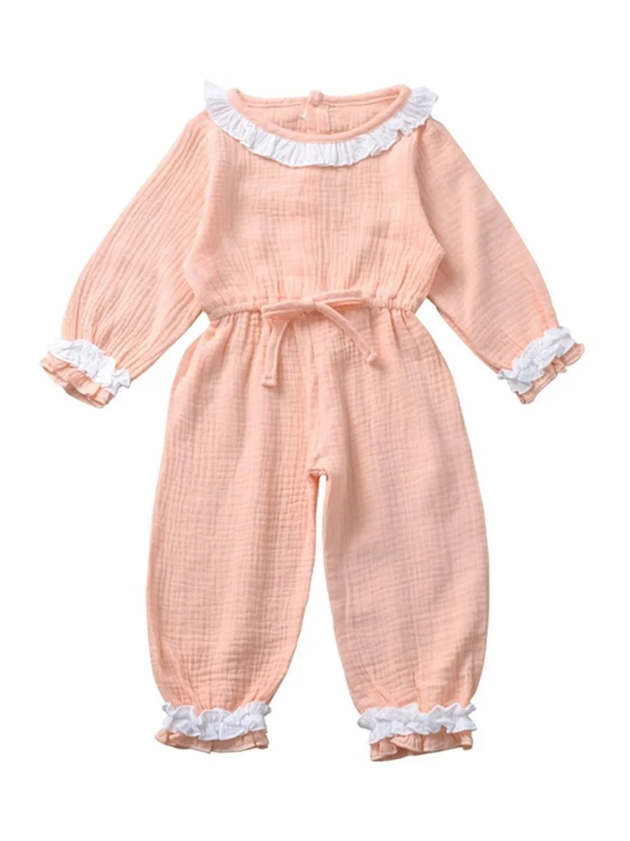 Autumn Multi-colored Ruffled Tie-waist Muslin Baby Girls Jumpsuit