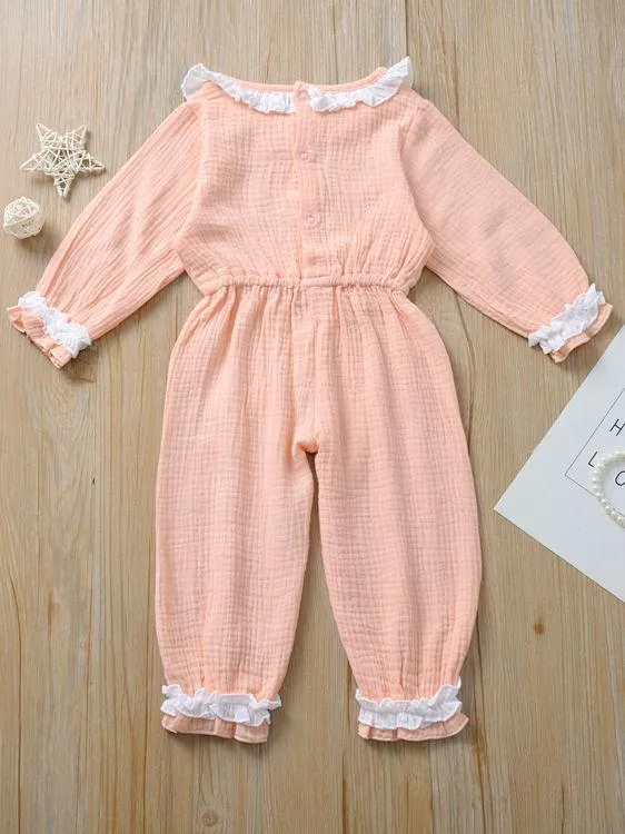 Autumn Multi-colored Ruffled Tie-waist Muslin Baby Girls Jumpsuit