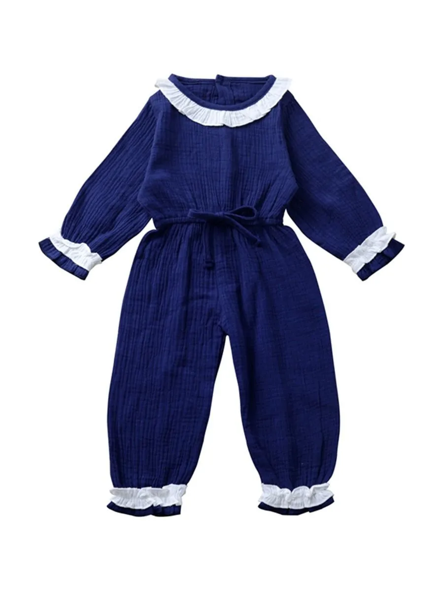 Autumn Multi-colored Ruffled Tie-waist Muslin Baby Girls Jumpsuit