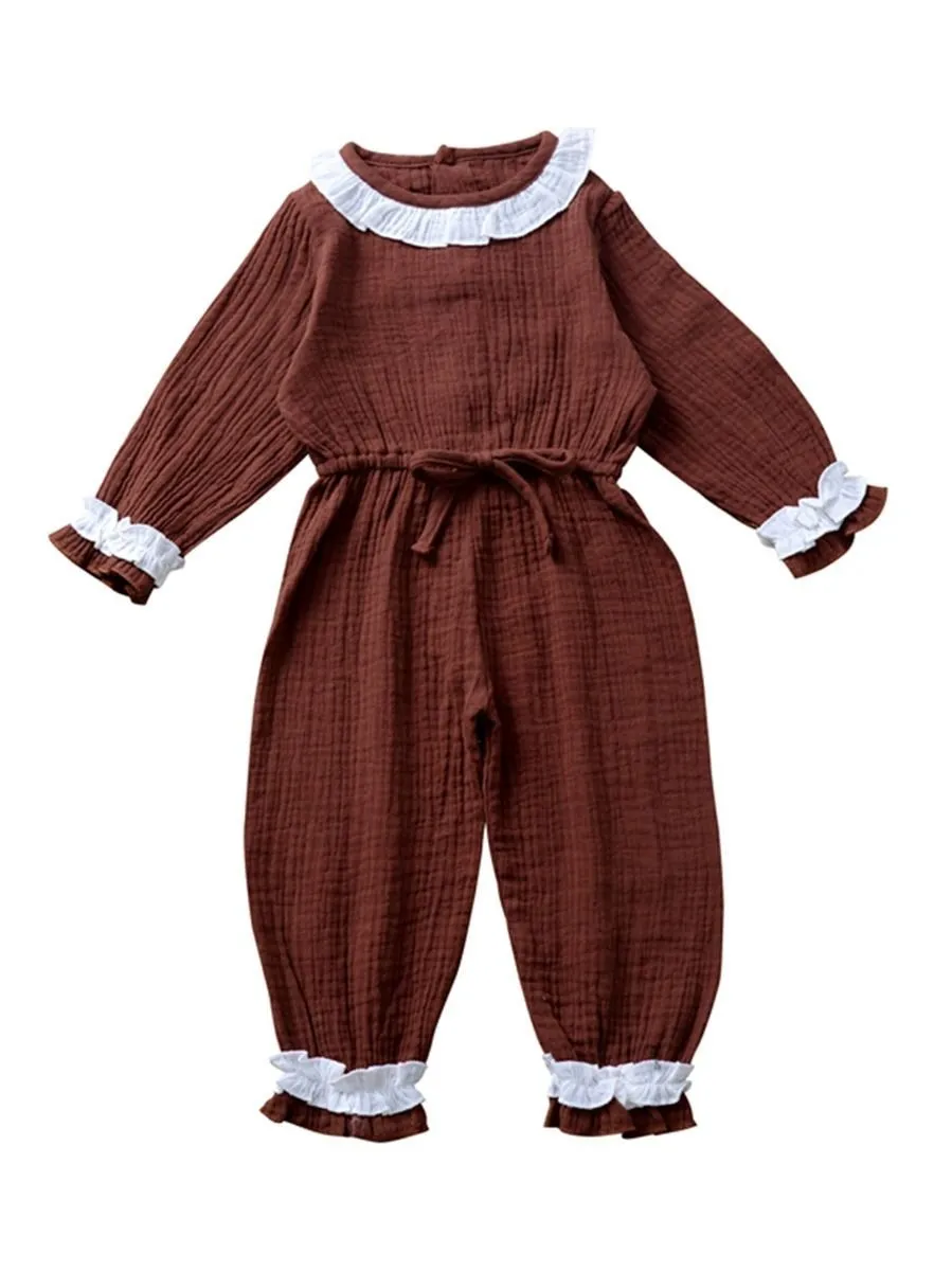 Autumn Multi-colored Ruffled Tie-waist Muslin Baby Girls Jumpsuit