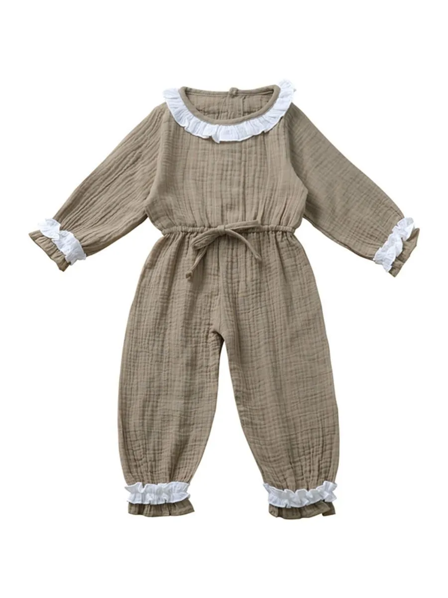 Autumn Multi-colored Ruffled Tie-waist Muslin Baby Girls Jumpsuit