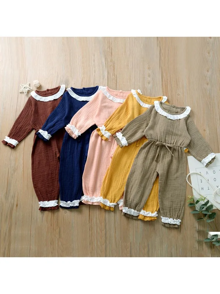 Autumn Multi-colored Ruffled Tie-waist Muslin Baby Girls Jumpsuit