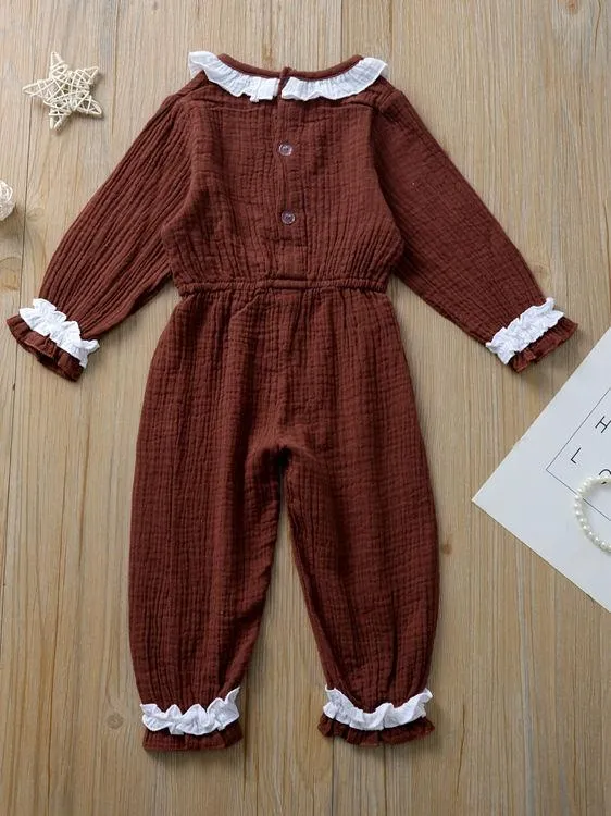 Autumn Multi-colored Ruffled Tie-waist Muslin Baby Girls Jumpsuit