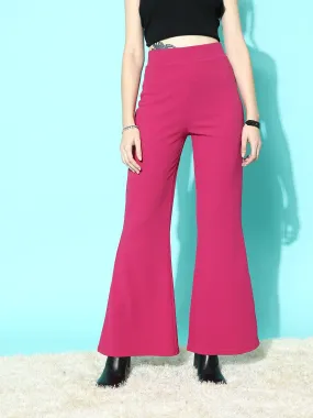 Berrylush Women Solid Pink High-Rise Waist Slip-On Flared Regular Trousers