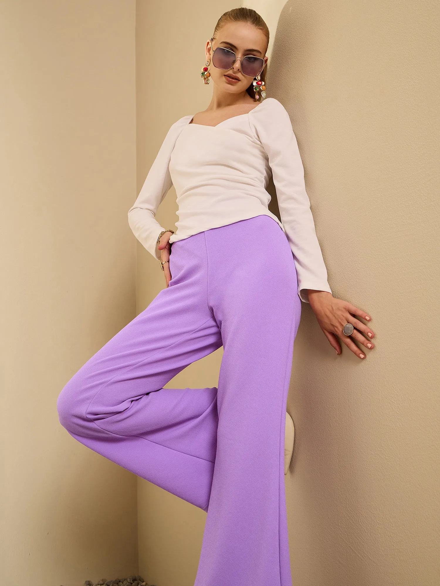 Berrylush Women Solid Purple High-Rise Waist Wide-Leg Regular Trousers