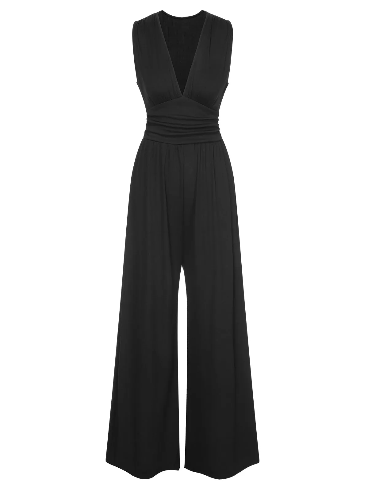 Black 1940s Solid V-Neck Jumpsuit