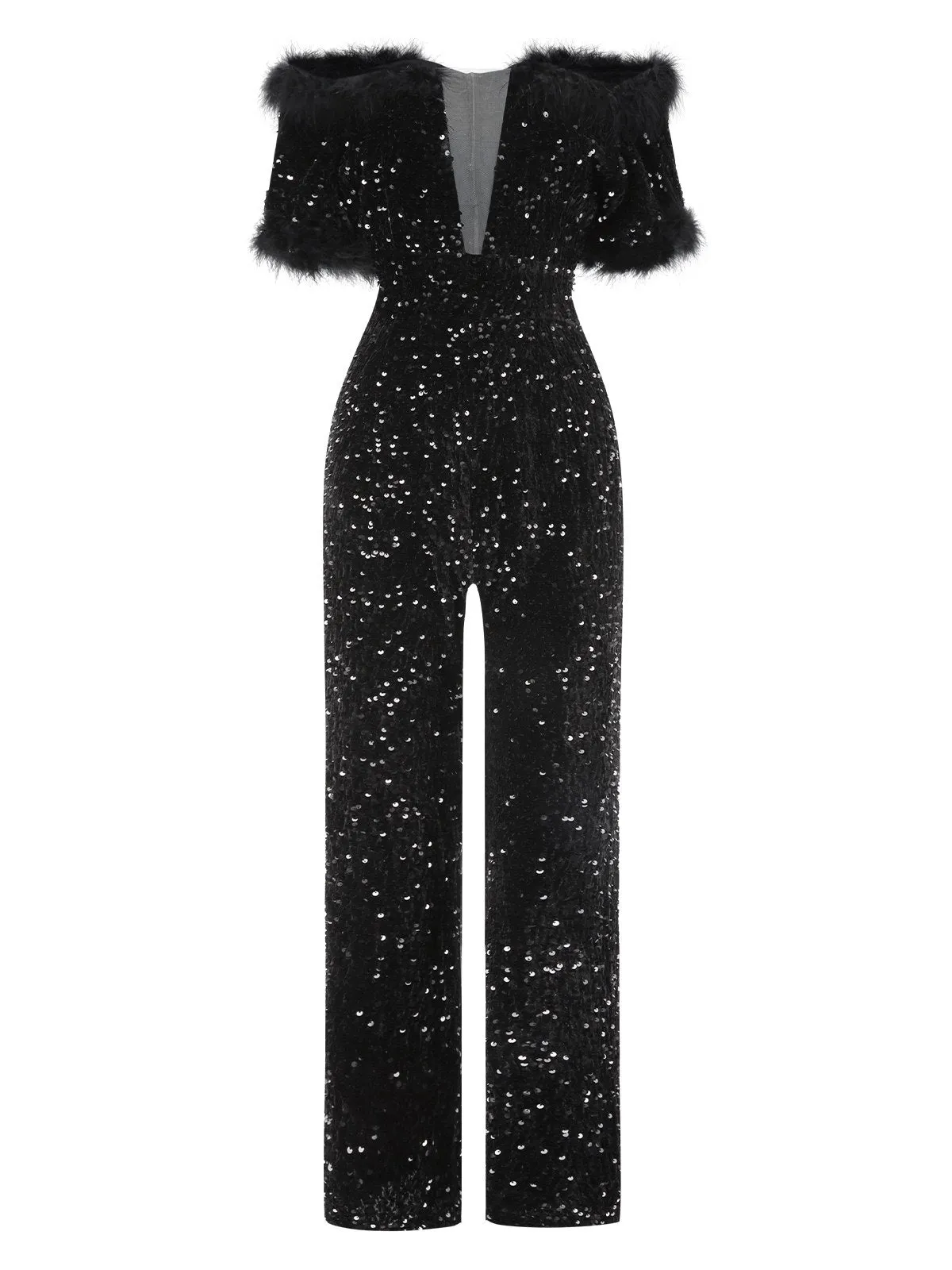 Black 1980s V-Neck Feather Sequined Jumpsuit