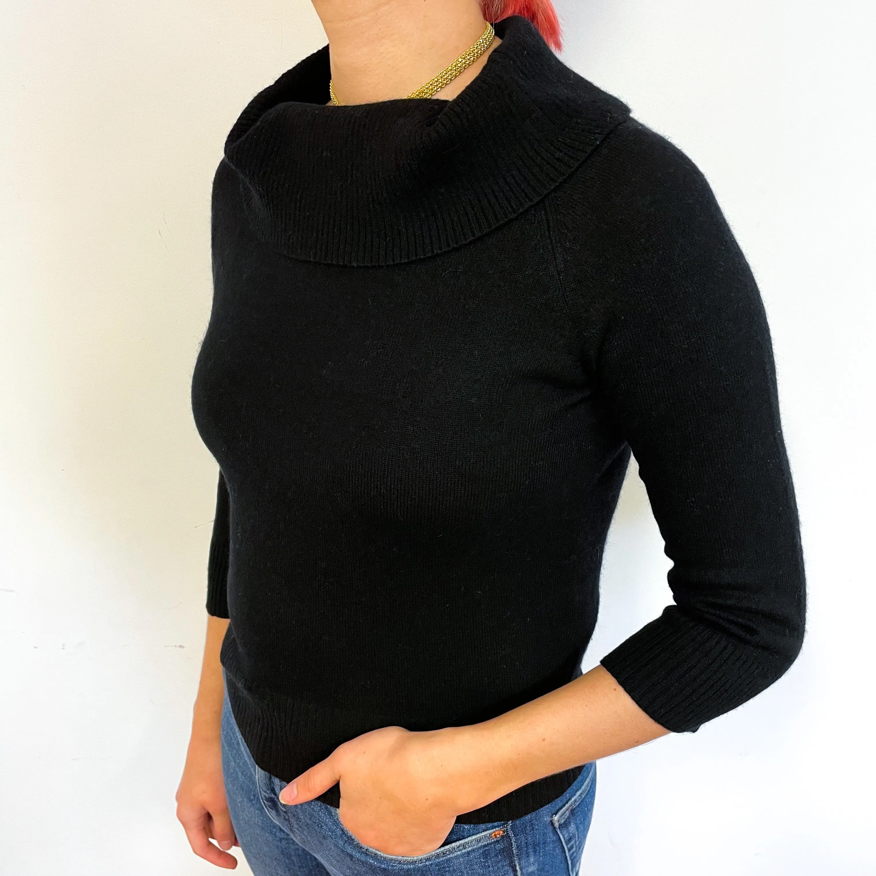 Black 3/4 Sleeve Cashmere Cowl Neck Jumper Small