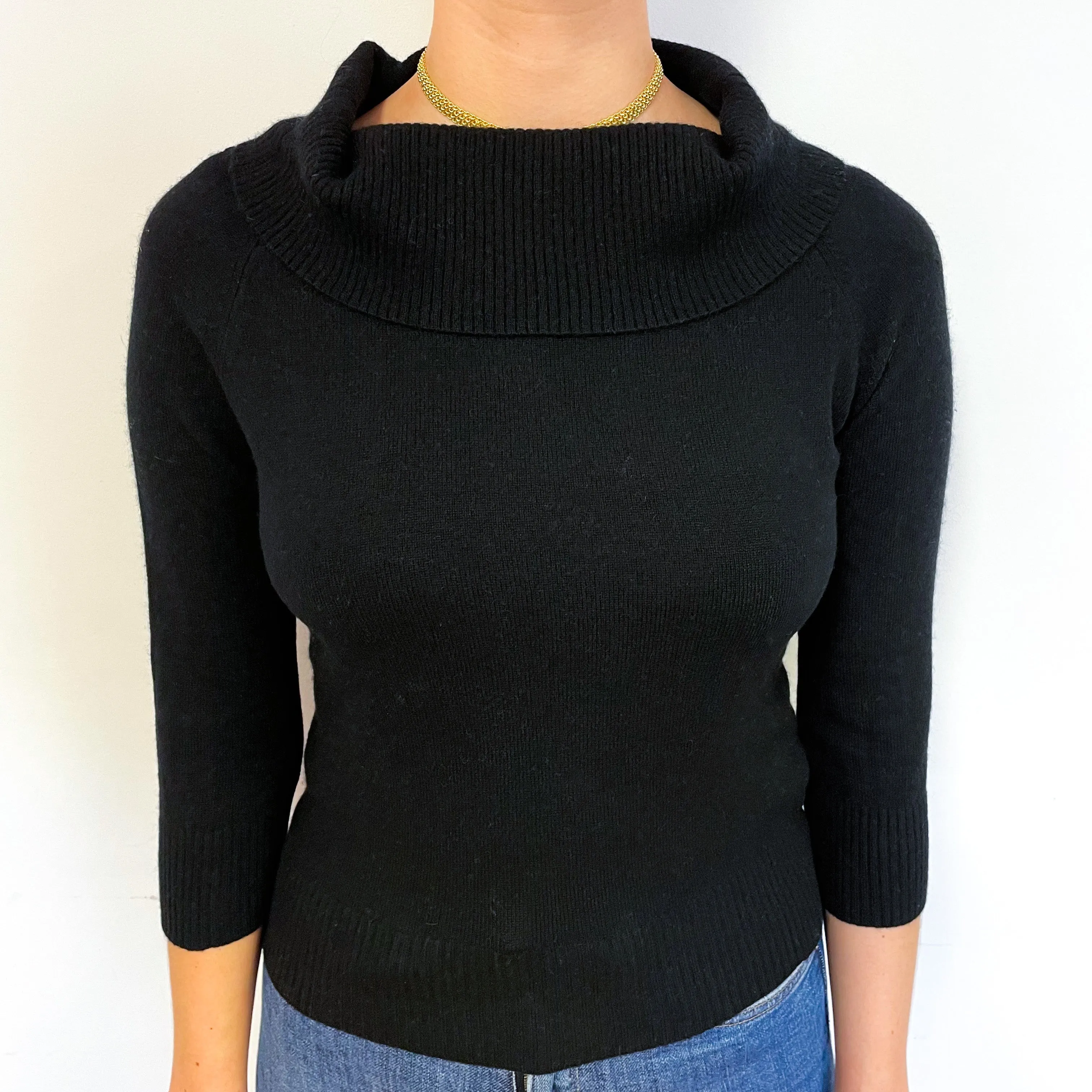 Black 3/4 Sleeve Cashmere Cowl Neck Jumper Small