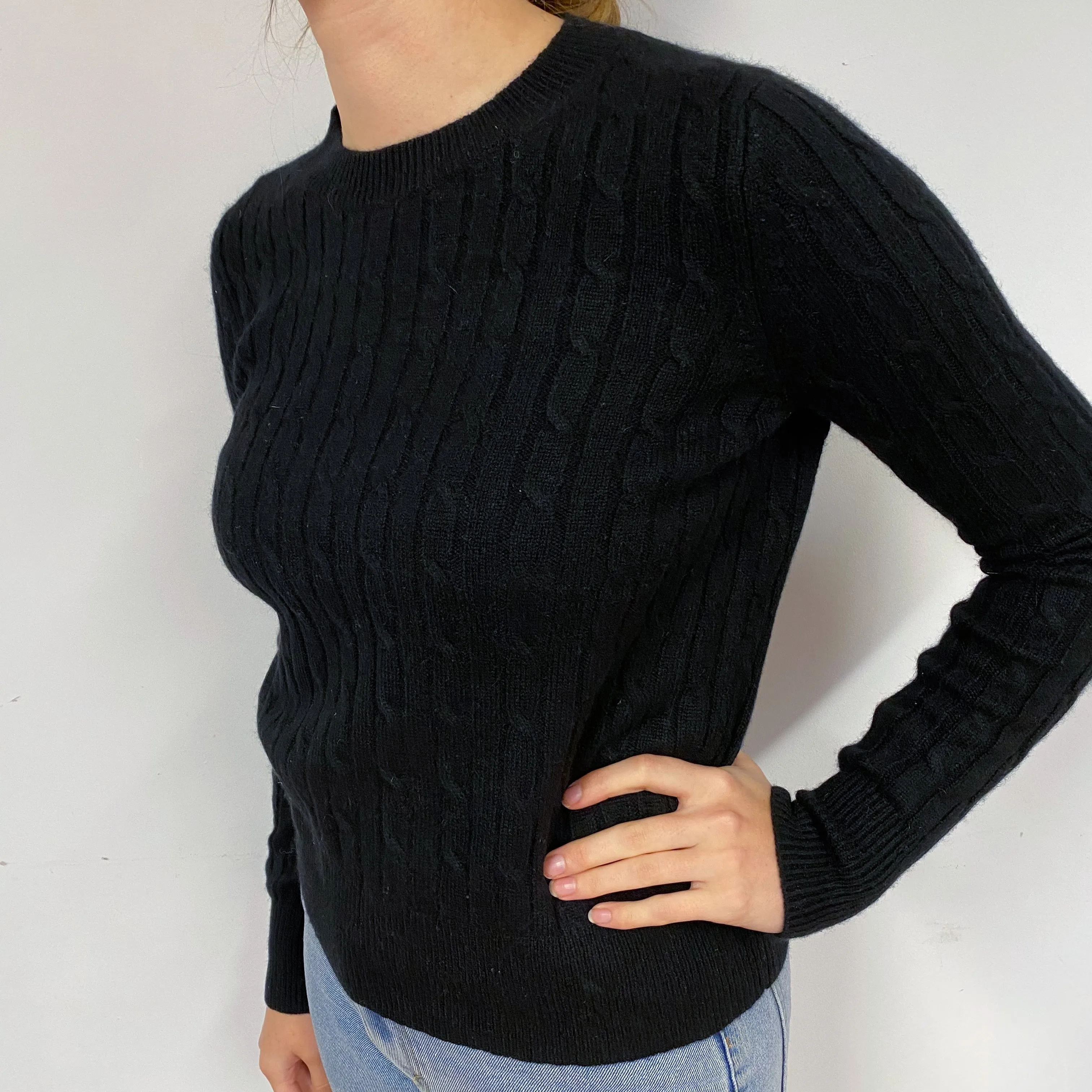 Black Cable Cashmere Crew Neck Jumper Small