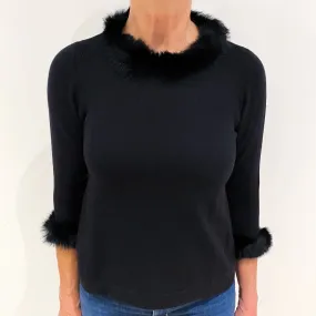 Black Fur Trim Cashmere Crew Neck Jumper Medium