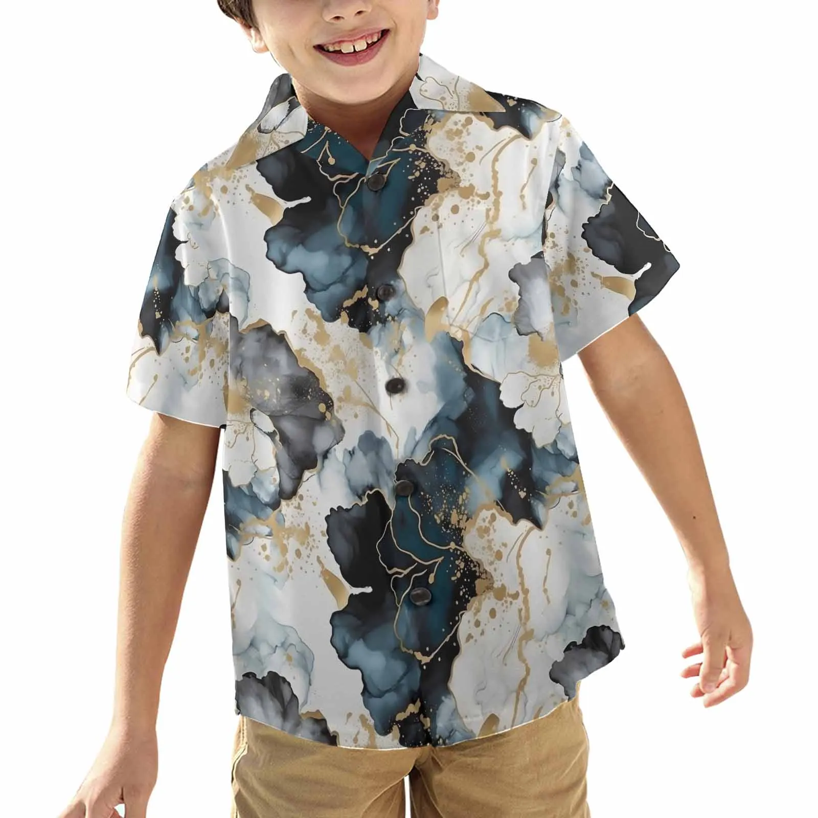 Black Ink Floral  Little Boys Hawaiian Shirt