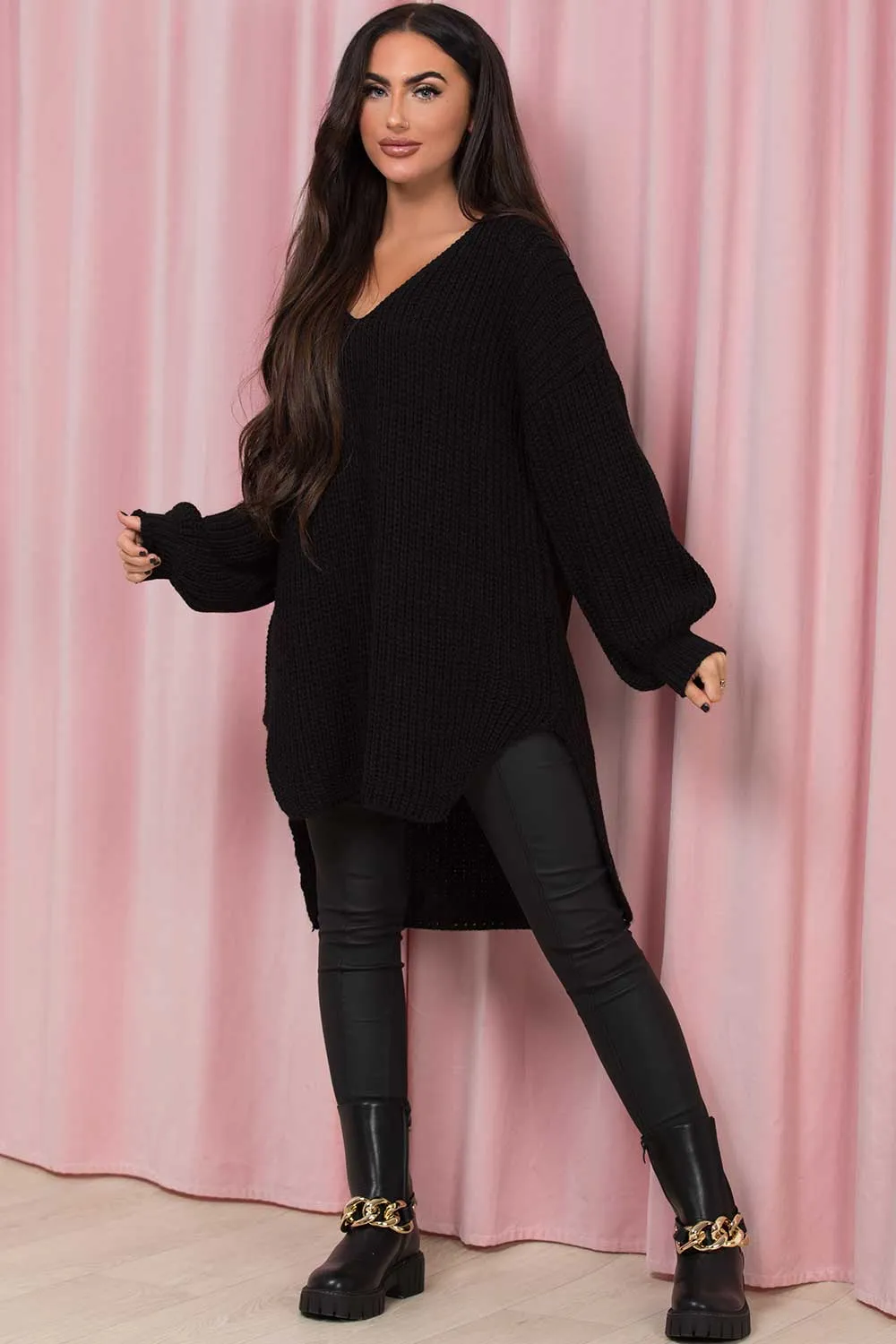 Black Oversized Knitted Jumper V Neck