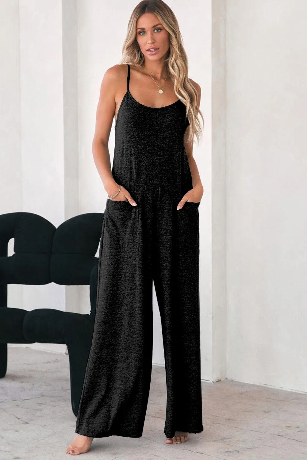 Black Patch Spaghetti Strap Cotton Jumpsuit with Pockets and Wide Legs