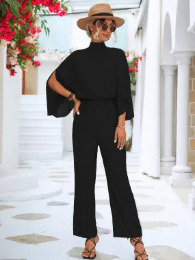 Black Tie Back Mock Neck Split Sleeve Jumpsuit