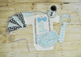 blue argyle first birthday outfit, blue argyle cake smash, 1st 3nd 3rd birthday cake smash outfit, argyle Banner, blue and gray outfit,tie