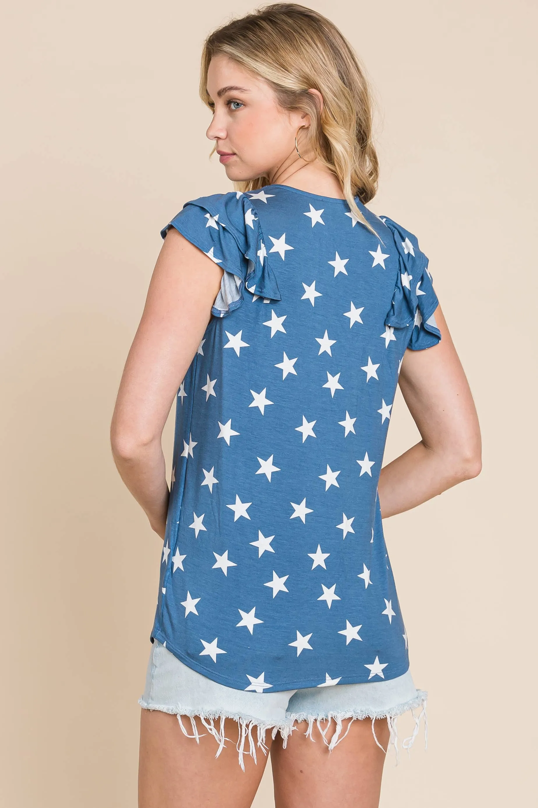 Blue Star Ruffle Trim Top