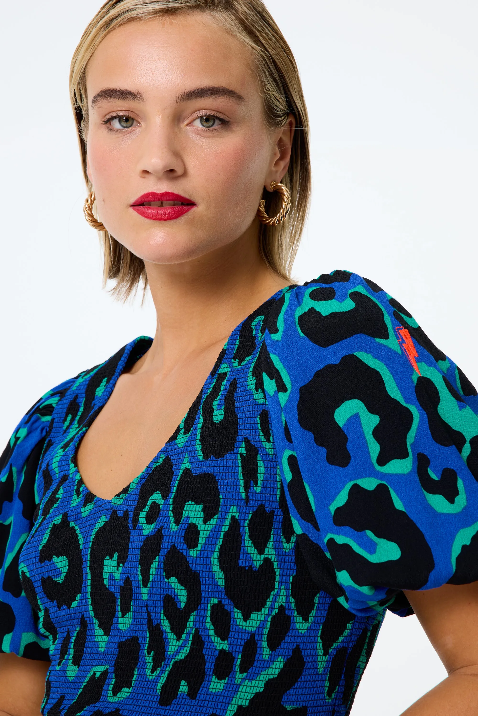 Blue with Green and Black Mega Leopard Shirred Puff Sleeve Midi Dress