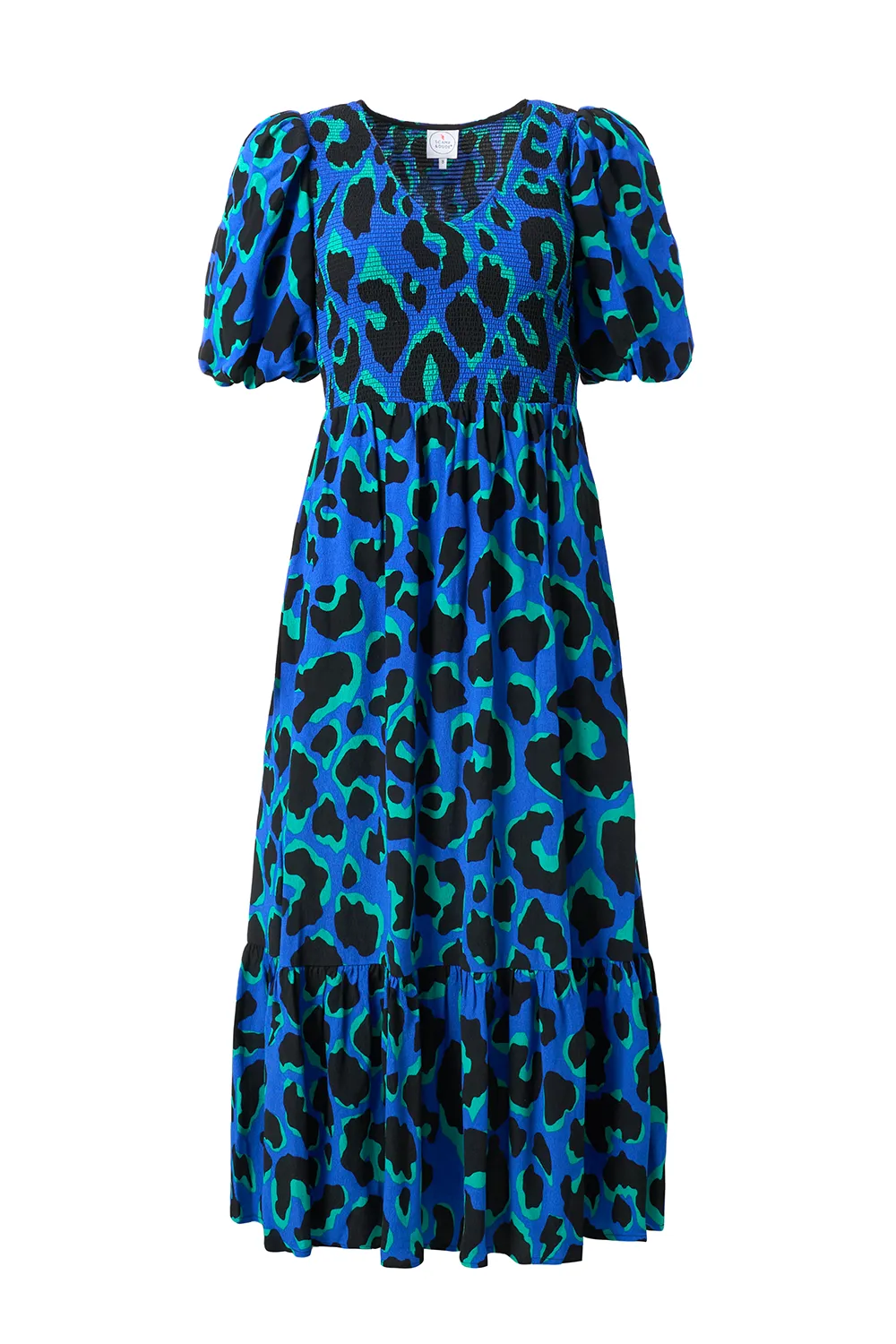 Blue with Green and Black Mega Leopard Shirred Puff Sleeve Midi Dress