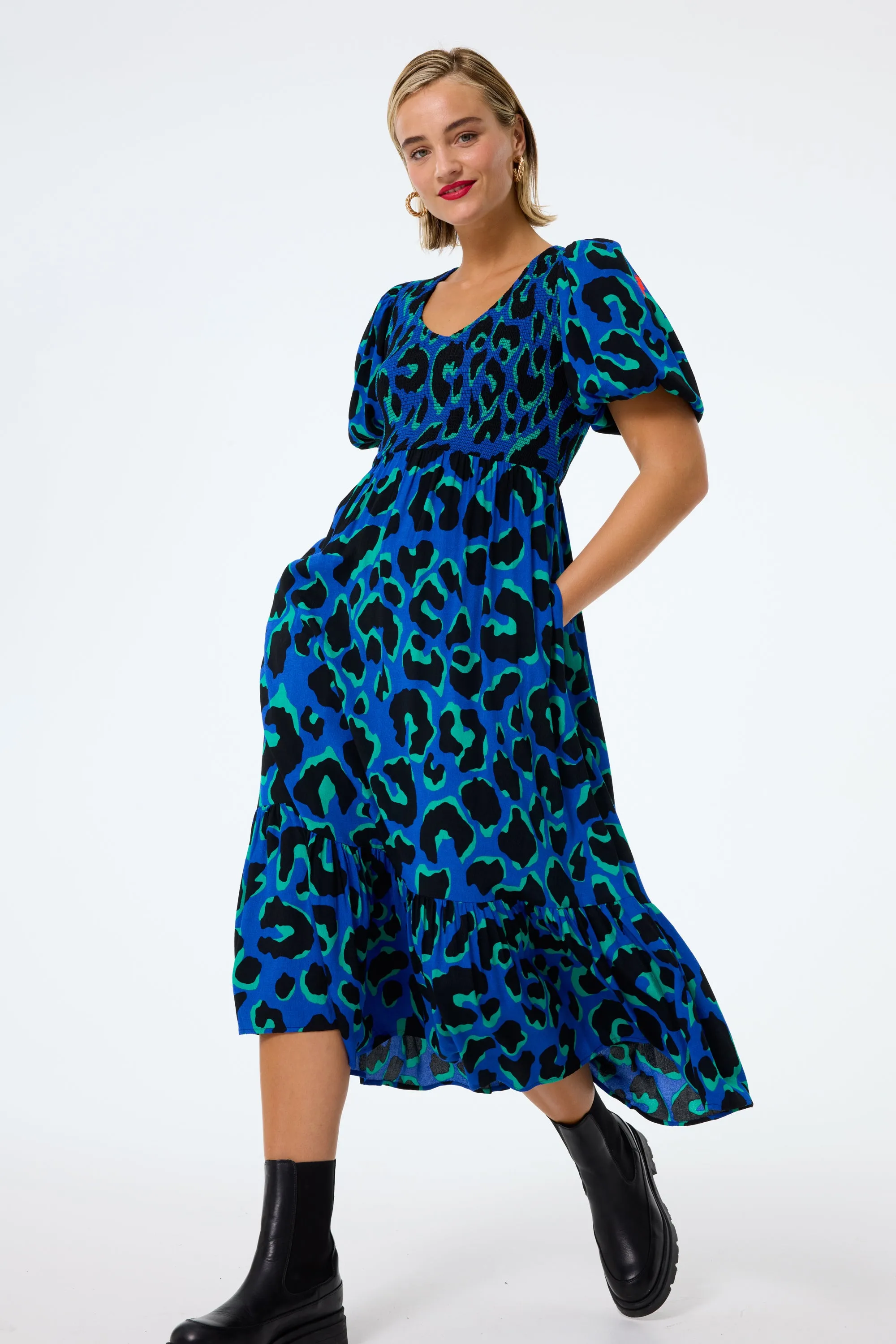 Blue with Green and Black Mega Leopard Shirred Puff Sleeve Midi Dress