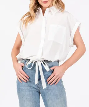 Blythe Button Down Cropped Drawstring Shirt in White