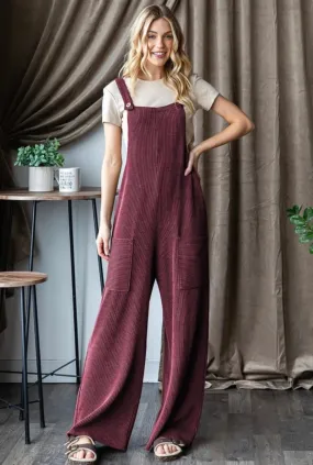 Burgundy Sleeveless Solid Urban Ribbed Jumpsuit