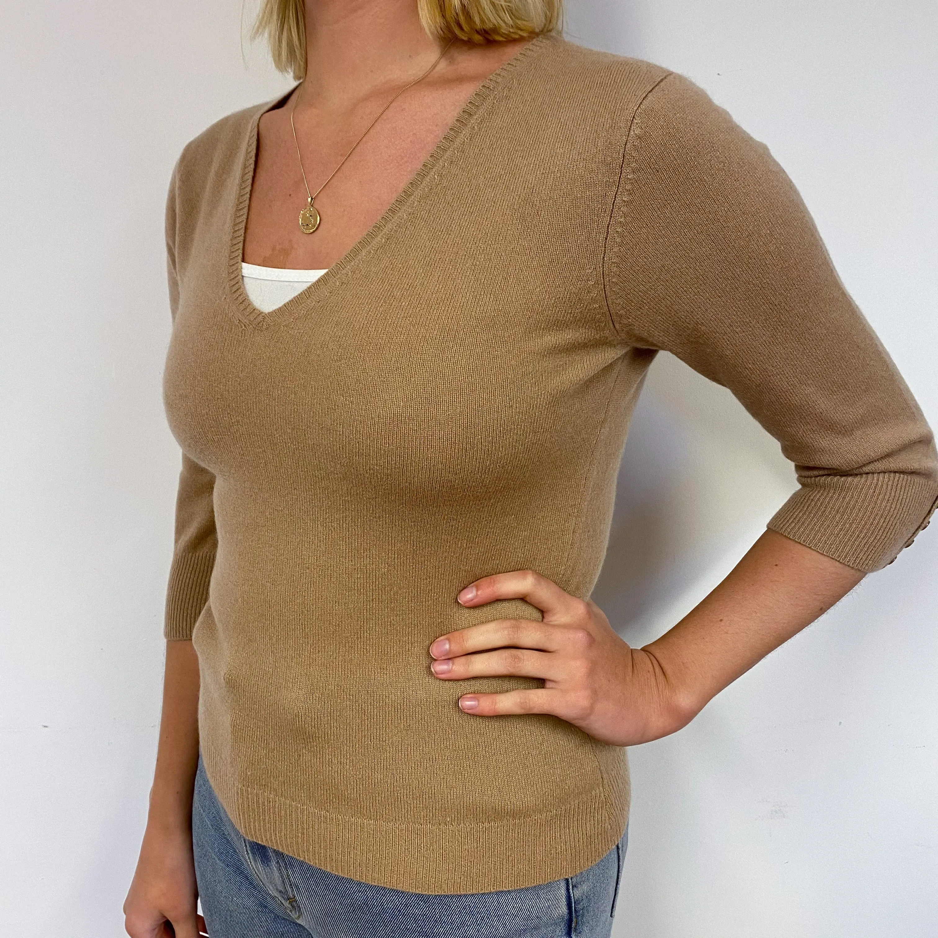 Camel Brown 3/4 Sleeve Cashmere V-Neck Jumper Small