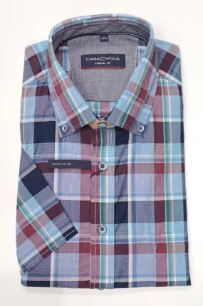 Casa Moda Checkered Short Sleeve Shirt - Teal/Red