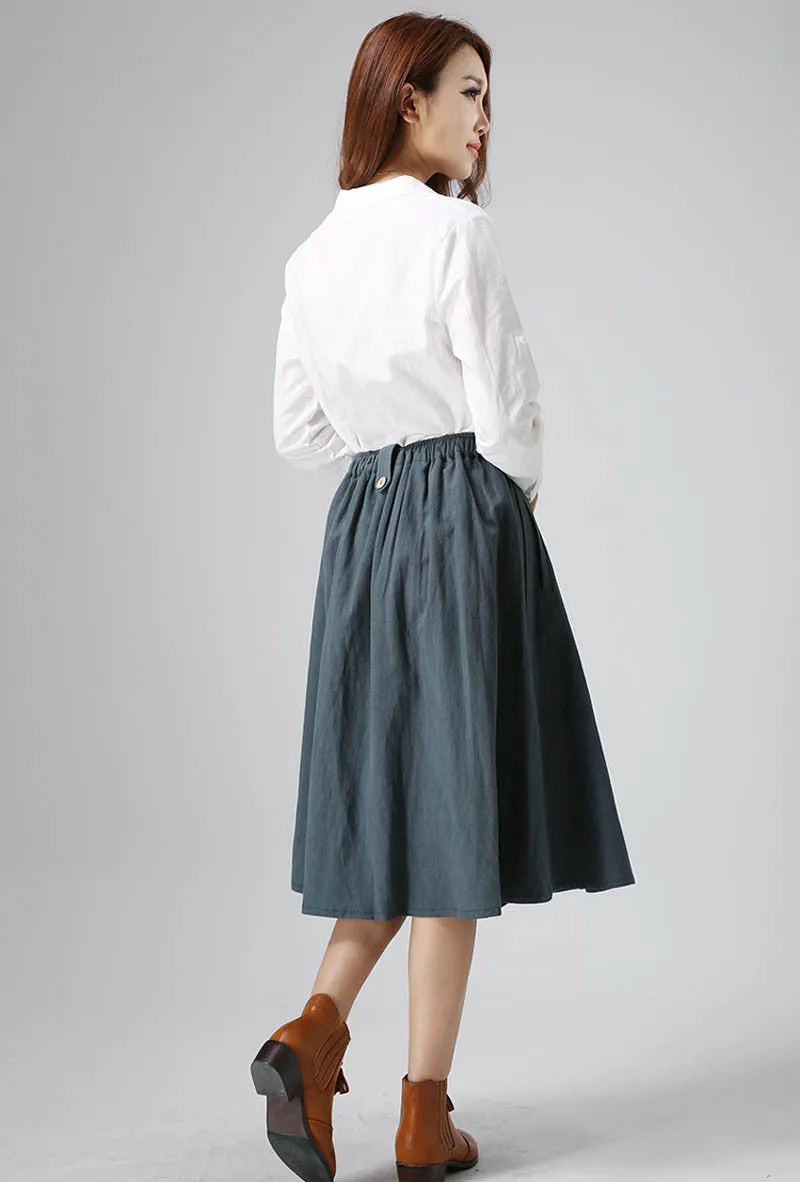 Casual linen dress woman Midi skirt with button detail 0823#