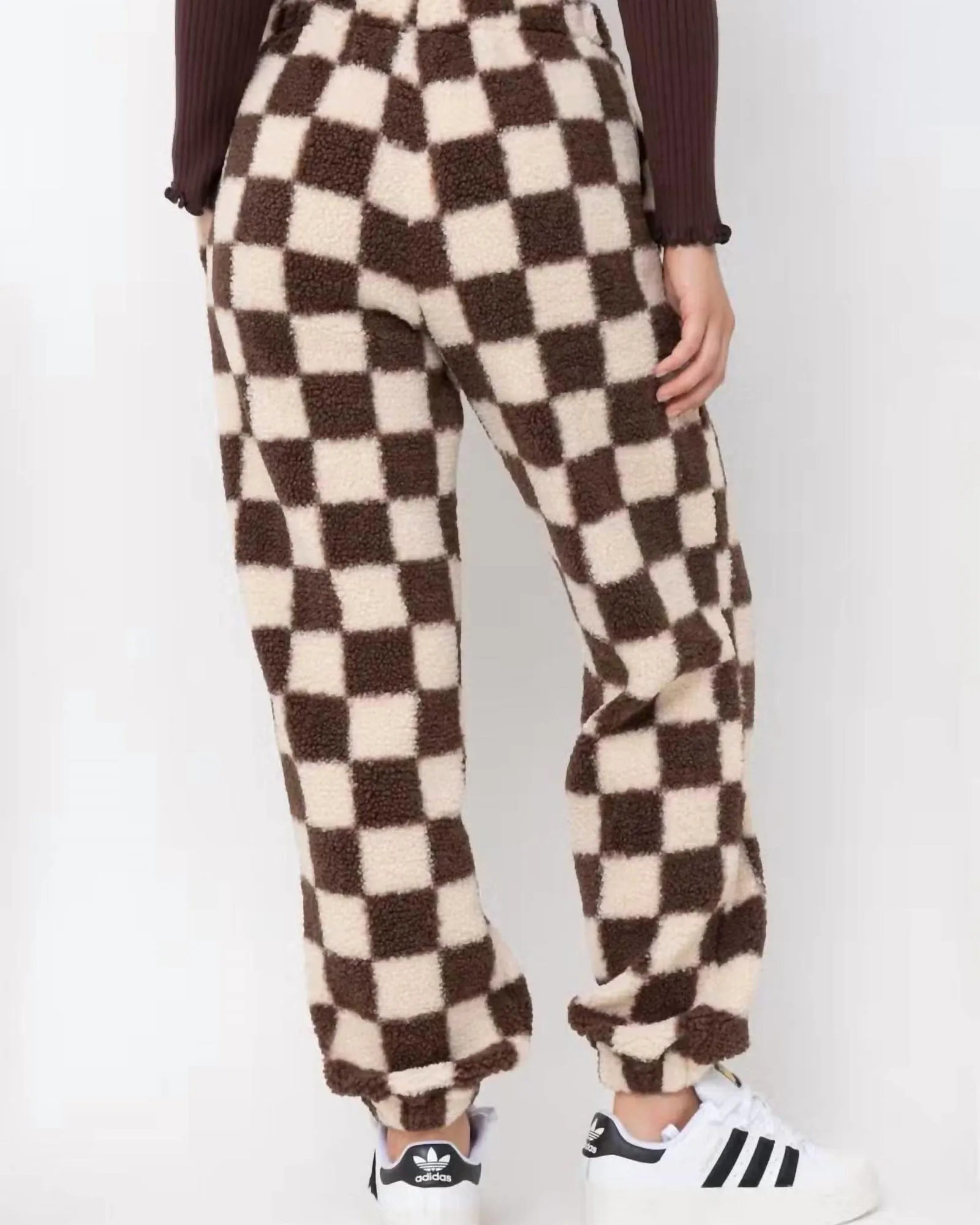 Checkered Print Teddy Joggers In Cream And Brown | Cream And Brown