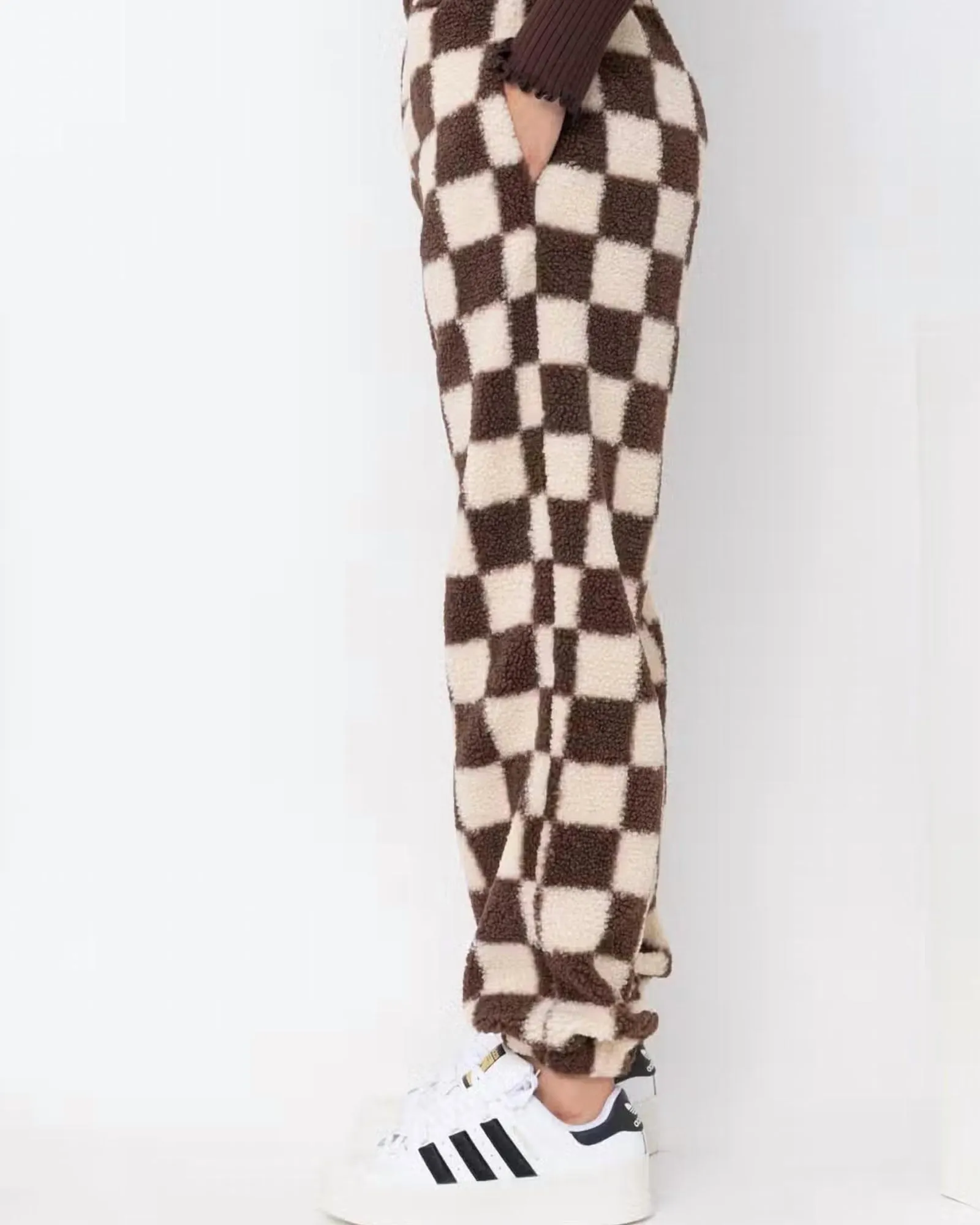 Checkered Print Teddy Joggers In Cream And Brown | Cream And Brown