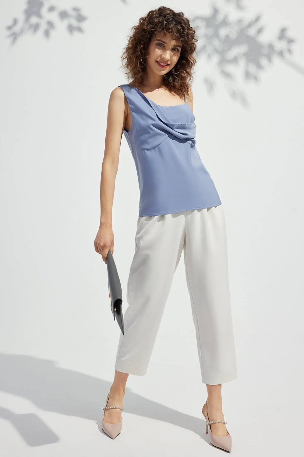 Chic Plain Asymmetrical Neck Satin Top