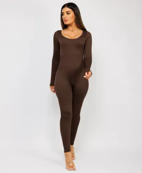 Chocolate Brown Elastic Ribbed Round Neck Jumpsuit