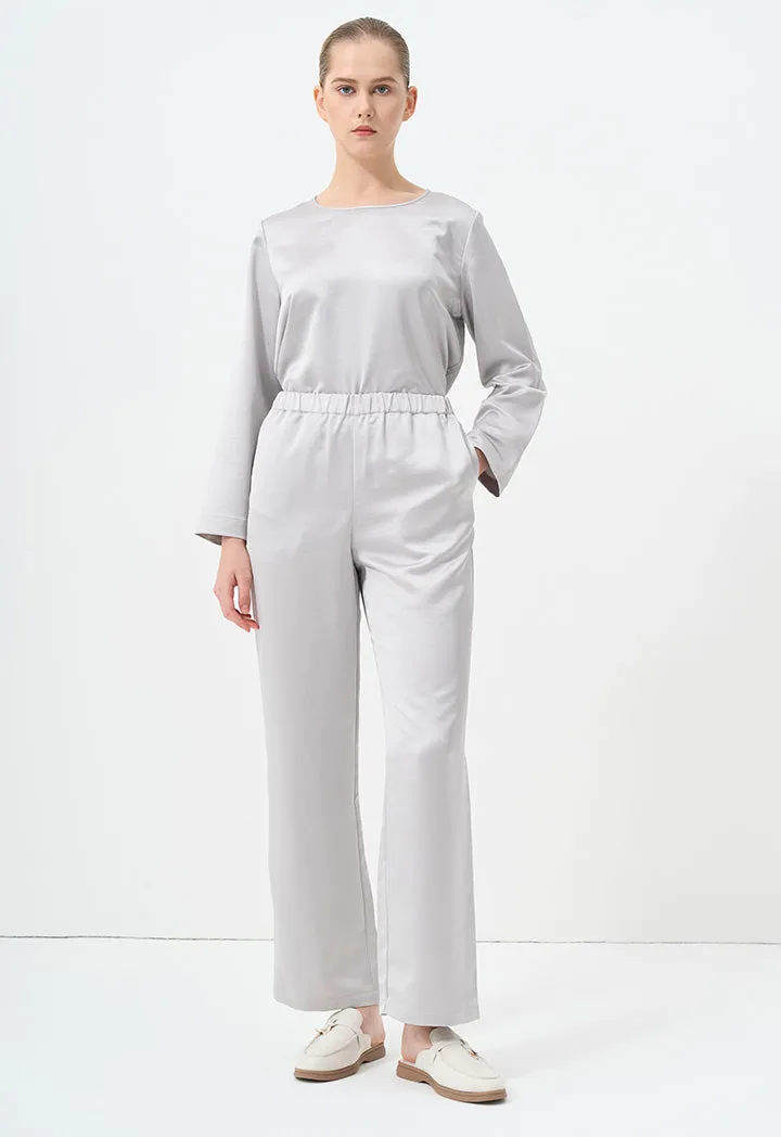 Choice Single Tone Straight Wide Legs Trousers Silver