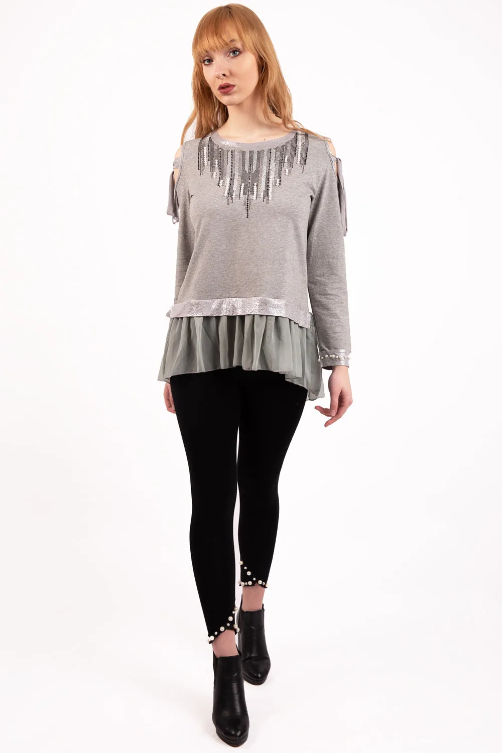 Cold Shoulder Pearl And Diamante Embellished Top with Frills