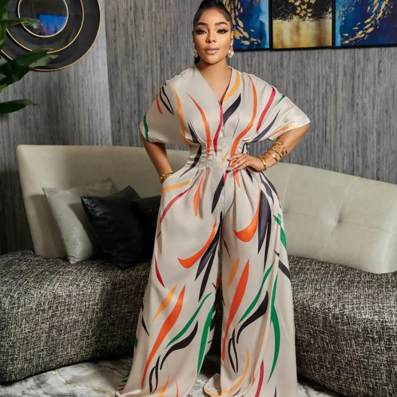 Colorful Printed Batwing Half Sleeve High Waist Wide Leg Jumpsuit