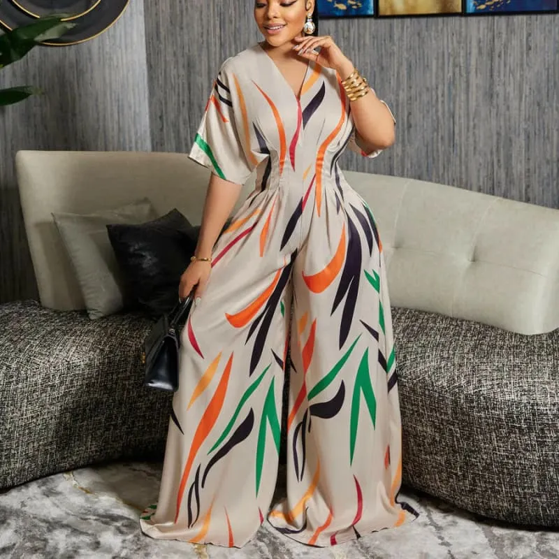 Colorful Printed Batwing Half Sleeve High Waist Wide Leg Jumpsuit