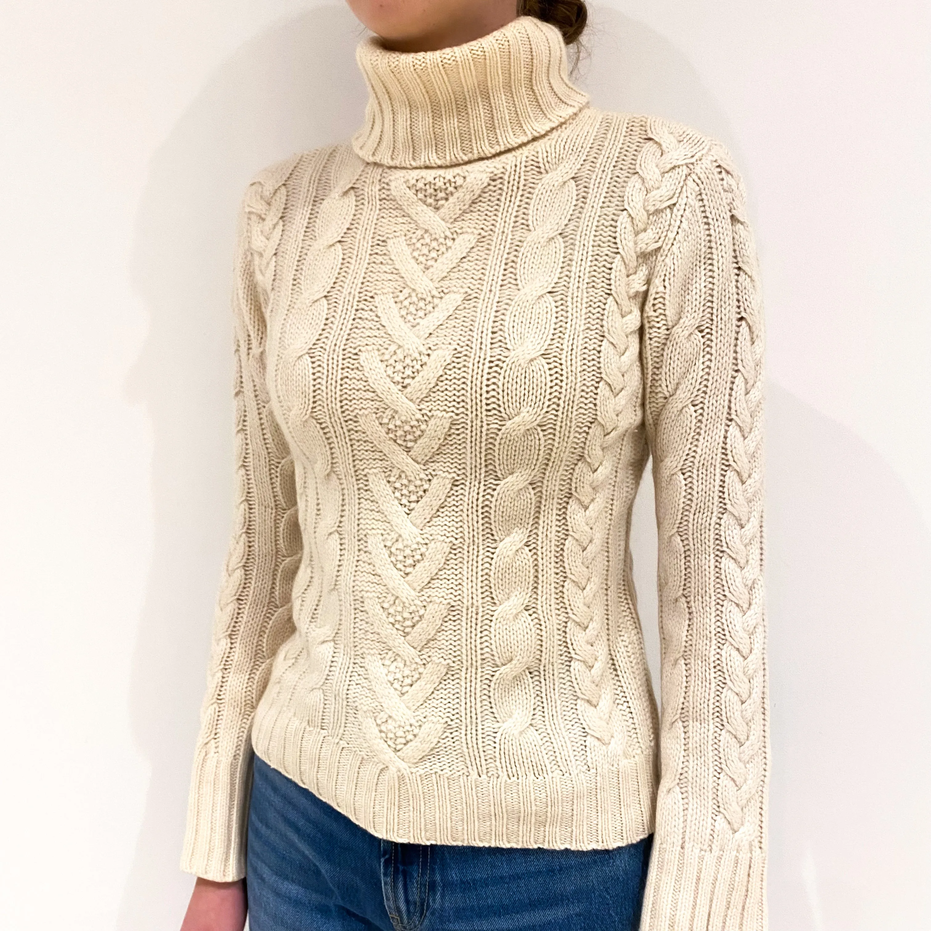 Cream Chunky Cable Cashmere Polo Neck Jumper Extra Small