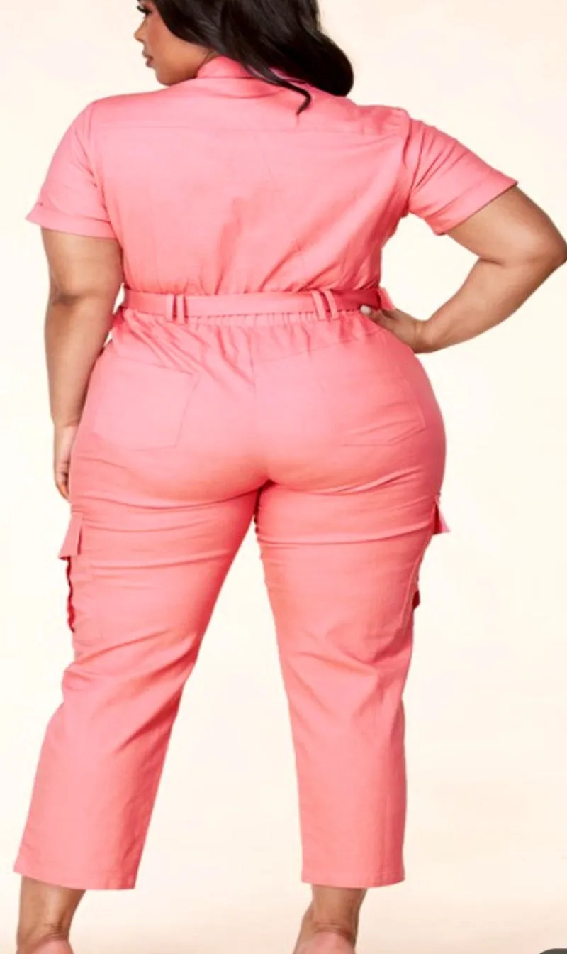 Curvy Cargo Zip Up Jumpsuit